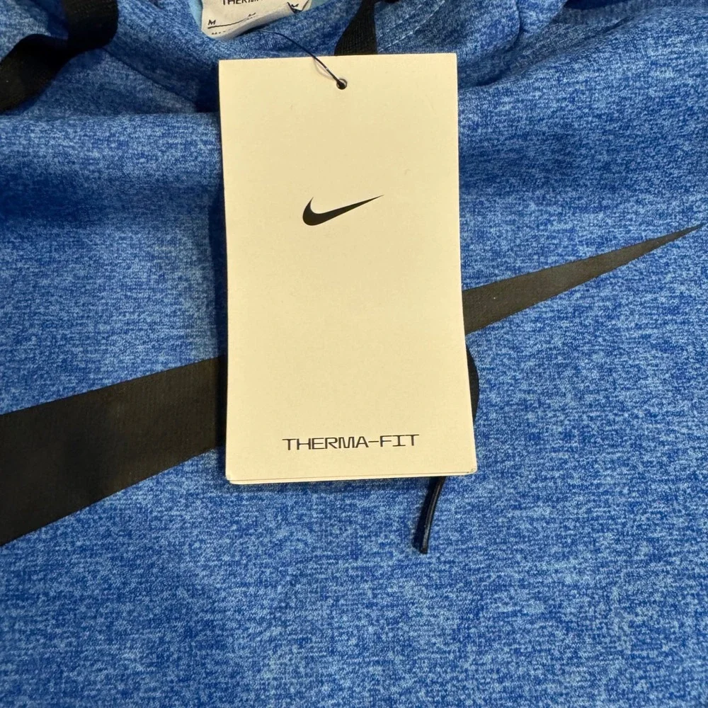 NWT Nike Therma Fit Mens Training Hoodie Blue Swoosh Logo Zipper Pocket Size M &